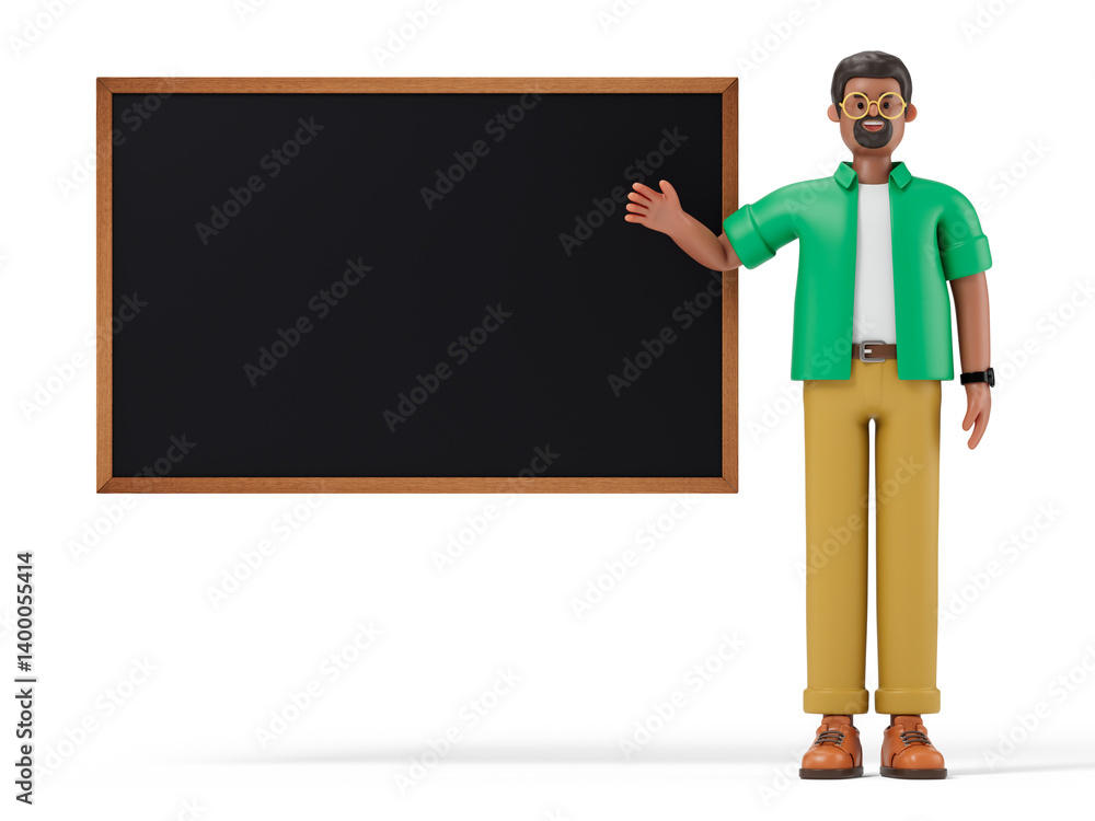 Aufkleber a man points to a blank chalkboard, symbolizing teaching or presenting information. 3d rendering, co