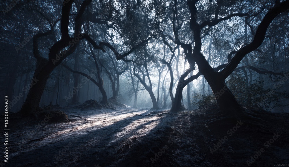 Poster misty forest path with sunlight streaming through dark trees landscape
