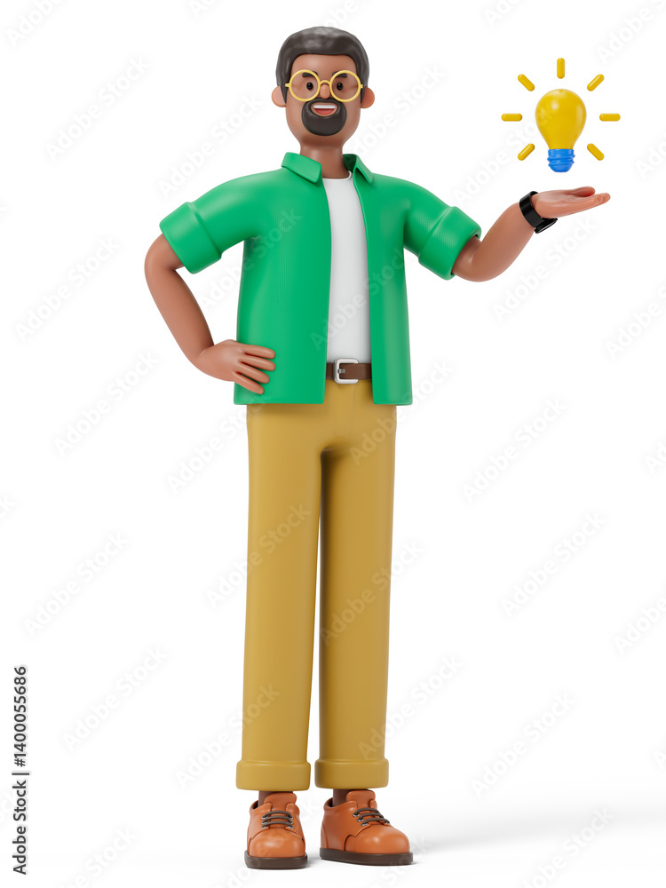 Poster a man presents a glowing lightbulb, symbolizing a new idea or innovation. 3d rendering, conceptual i