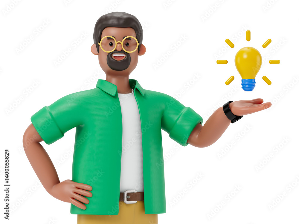 Poster a man presents a glowing lightbulb, symbolizing a new idea or innovation. 3d rendering, conceptual i