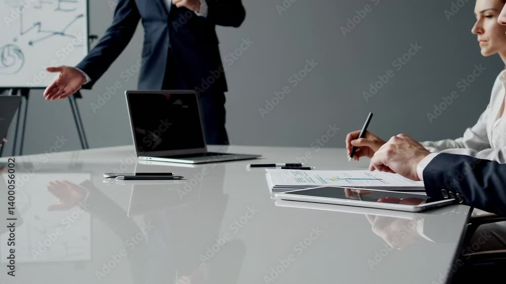 Poster Managers and business people are discussing new strategies and analyzing data during a professional meeting in a modern conference room, taking notes on documents and using electronic devices