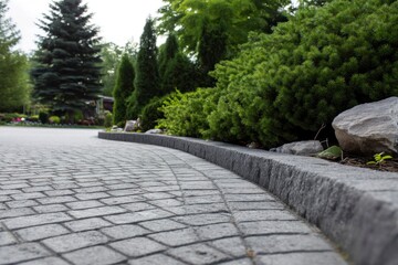 Gray Paving Stone Driveway with Garden Landscape and Stone Border