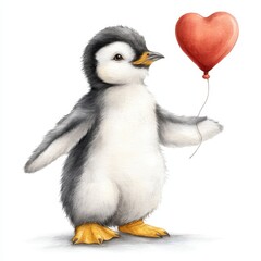 Obraz premium Cute Penguin Holding Heart Balloon on White Background