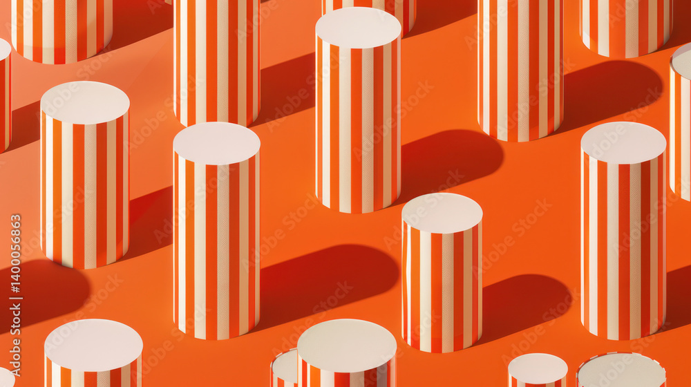 Poster bright orange background with striped cylindrical shapes creating playful pattern. design evokes sen