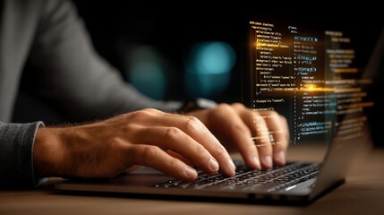 Person typing code on a laptop; screen displays glowing lines of programming