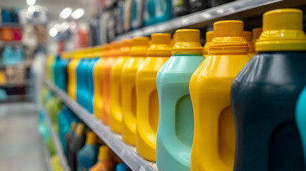 Brightly Colored Laundry Detergent Bottles Displayed on a Store Shelf, consumer purchase