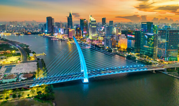 Ho Chi Minh City, Vietnam - April 7th, 2025: Beautiful sunset at Ba Son Bridge in downtown Ho Chi Minh City, Vietnam, connecting District 1 and Thu Duc district
