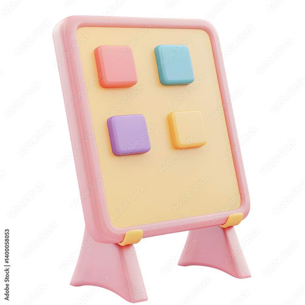 Poster a 3d model of a colorful stand-up display with four colored squares.