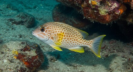 Obraz premium Underwater Elegance A Spotted Fish In Coral Reef AI Generated