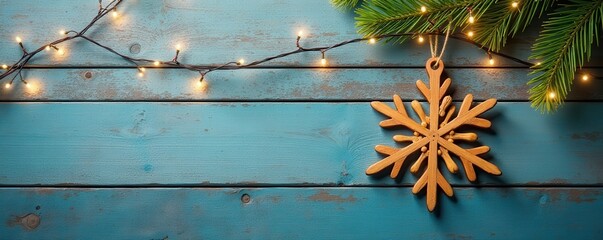 Fototapeta premium Wooden snowflake hanging against weathered planks, string lights, decoration, fairy lights