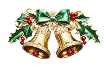 Festive golden bells with green bow and holly on a dark backdrop