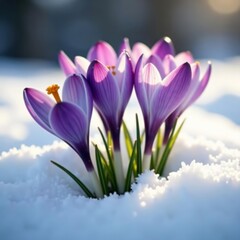 Fototapeta premium Close-up of vibrant crocus flowers covered in fluffy snow, outdoor, garden, beauty