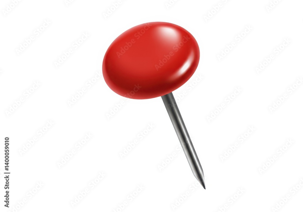 Poster a close up of a single red push pin with a silver needle on a plain white background in a studio sho