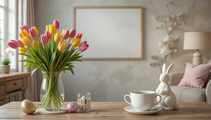 Fototapeta premium An imaginative arrangement of the inside of an Easter living room with a copy space, a vase filled with spring tulips, a sculpture of the Easter bunny, a sophisticated cup, vibrant Easter eggs, and pe