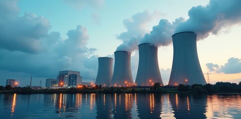 Obraz premium High-efficiency power plant, massive turbines & cooling towers, production, coal