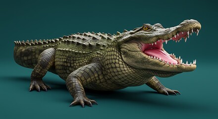 Fototapeta premium American Alligator 3D Render: Detailed Digital Model Against Teal Background AI Generated