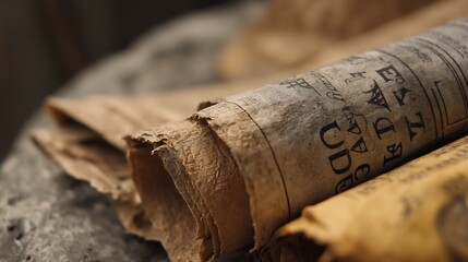 Rolled antique paper with printed text, layered, atop rough stone surface