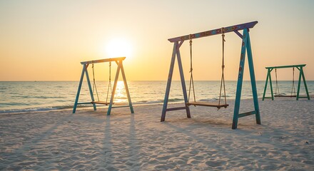 Sunset Swings Golden Hour's Embrace Beachside Reverie Ocean's Lullaby Coastal Calm Whispers of the Tide Sand and Sunsets Empty Swings Seabreeze Serenade Twilight Playground AI Generated