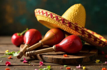 vibrant yellow sombrero with red trim rests on wooden surface alongside traditional red maracas and scattered flower petals. mexican celebration of cinco de mayo. cultural festival, poster