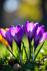 Fototapeta premium Close-up of vibrant purple crocus flowers blooming in the garden, botanical, colorful, petals