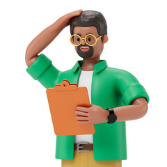 A man holds a clipboard and scratches his head, symbolizing evaluation or decision-making. 3D rendering, conceptual image. Isolated on white background.