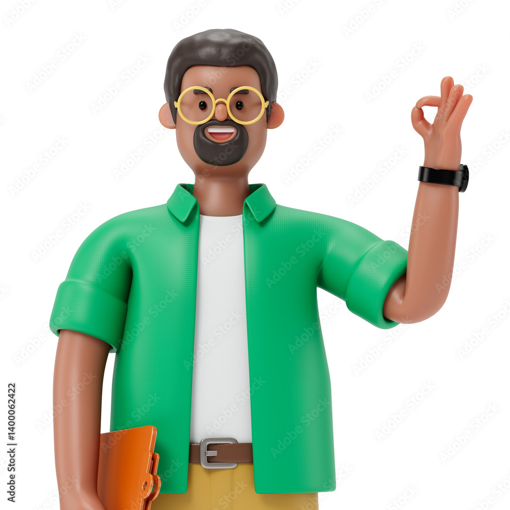 Poster a man holds a folder and makes an ok gesture, symbolizing successful completion or agreement. 3d ren