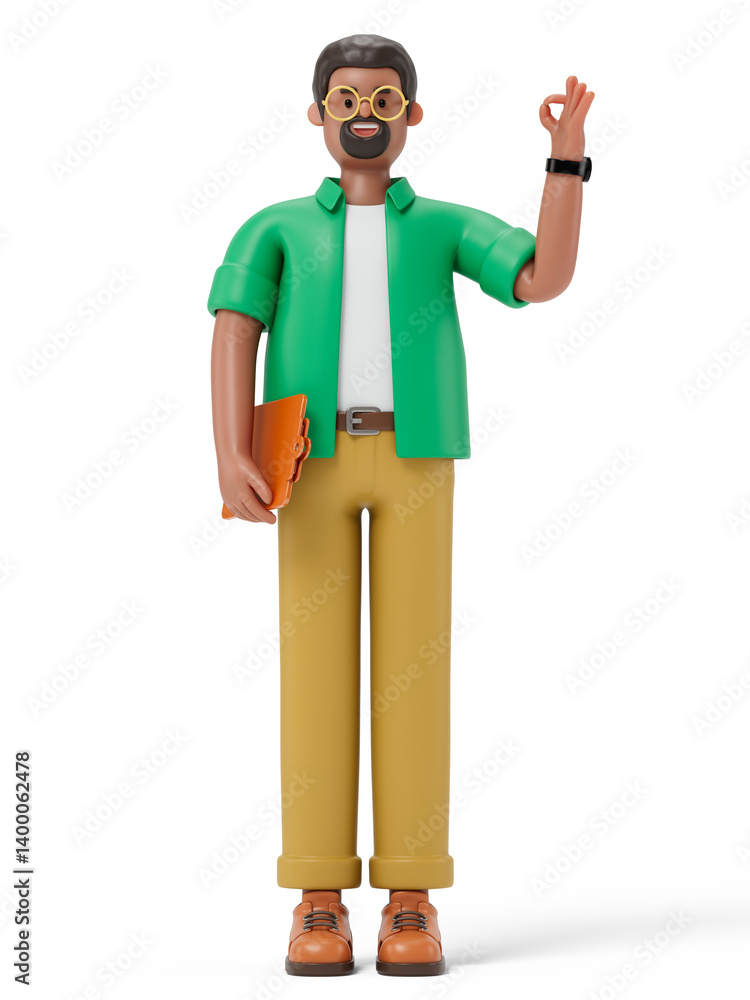 Poster a man holds a folder and makes an ok gesture, symbolizing successful completion or agreement. 3d ren