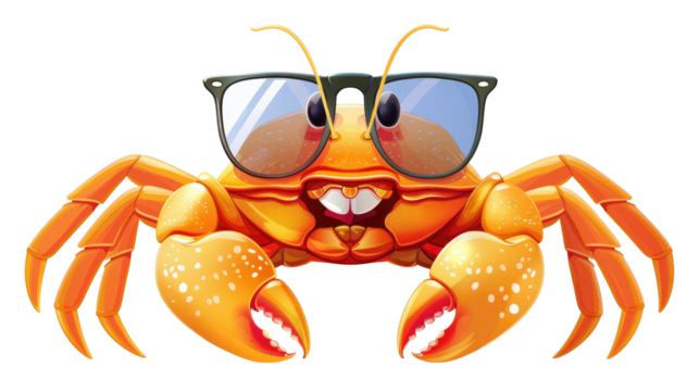 Cool crab with sunglasses striking a fun pose in a playful cartoon style