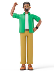 A man with a raised fist, symbolizing determination or victory. 3D rendering, conceptual image. Isolated on white background.