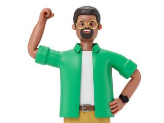 A man with a raised fist, symbolizing determination or victory. 3D rendering, conceptual image. Isolated on white background.