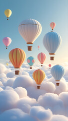 Naklejka premium A clean pastel background featuring hot air balloons gently drifting through soft, fluffy clouds.