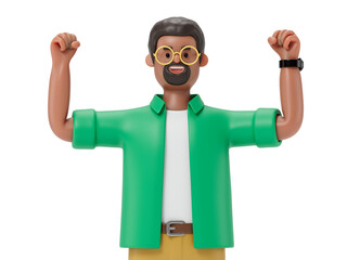 A man raises both fists, symbolizing success or celebration. 3D rendering, conceptual image. Isolated on white background.