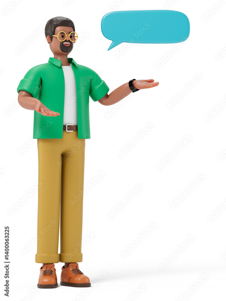 Poster a man gestures towards a speech bubble, symbolizing communication or explanation. 3d rendering, conc