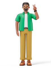 A man makes a victory sign with his left hand, symbolizing success or peace. 3D rendering, conceptual image. Isolated on white background.