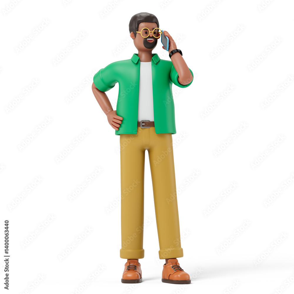 Poster a man talks on a phone, symbolizing communication or business activity. 3d rendering, conceptual ima