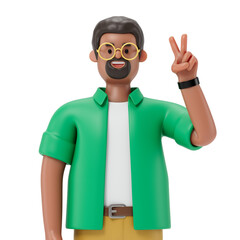 A man makes a victory sign with his left hand, symbolizing success or peace. 3D rendering, conceptual image. Isolated on white background.