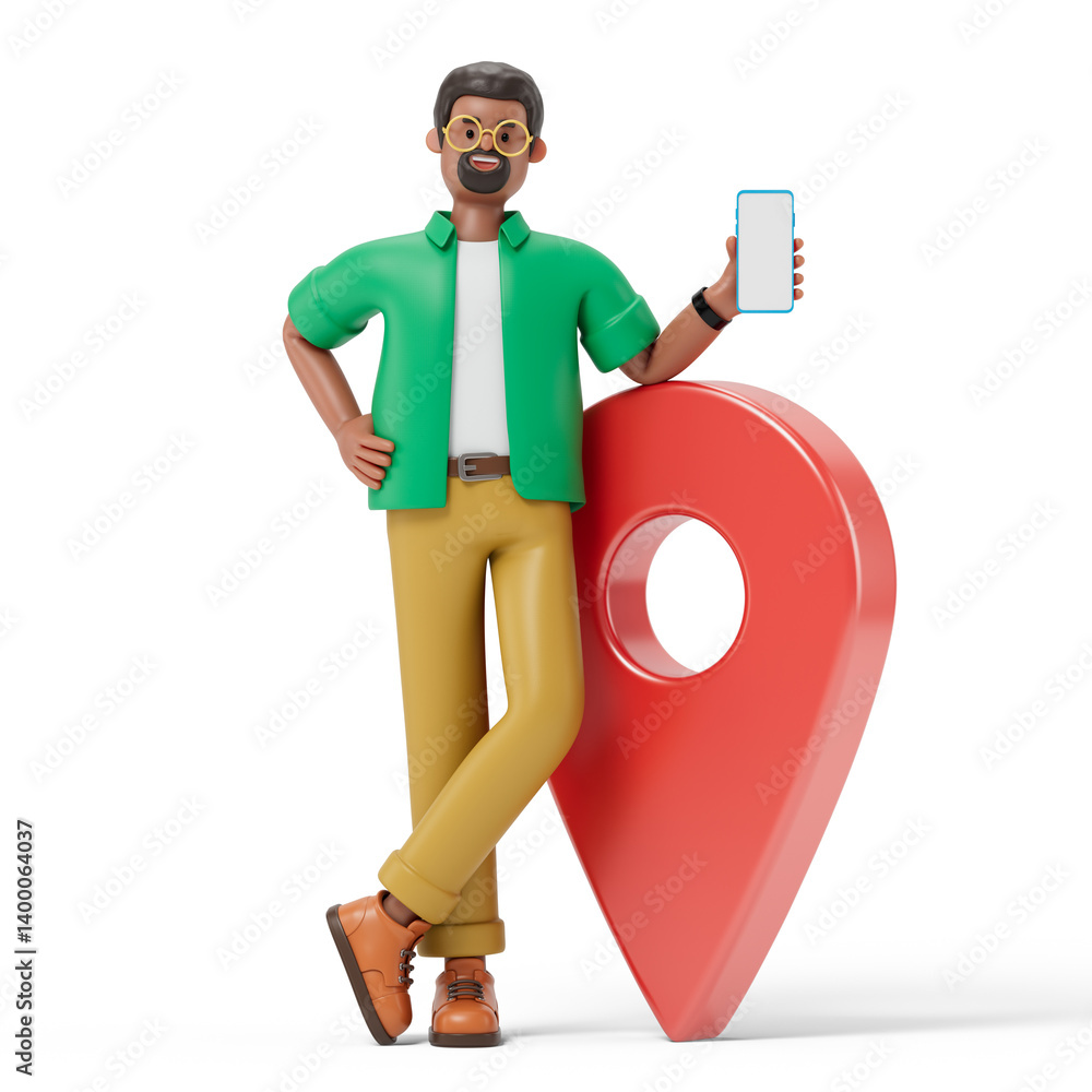 Poster a man stands next to a large location pin while holding a smartphone, symbolizing navigation or loca
