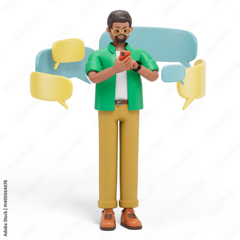 Poster a man uses a smartphone with speech bubbles, symbolizing digital communication or social media inter