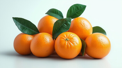 Fresh oranges with green leaves stacked together on a clean white surface. AI Generated Images
