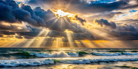Sunbeams piercing through clouds onto rolling ocean waves