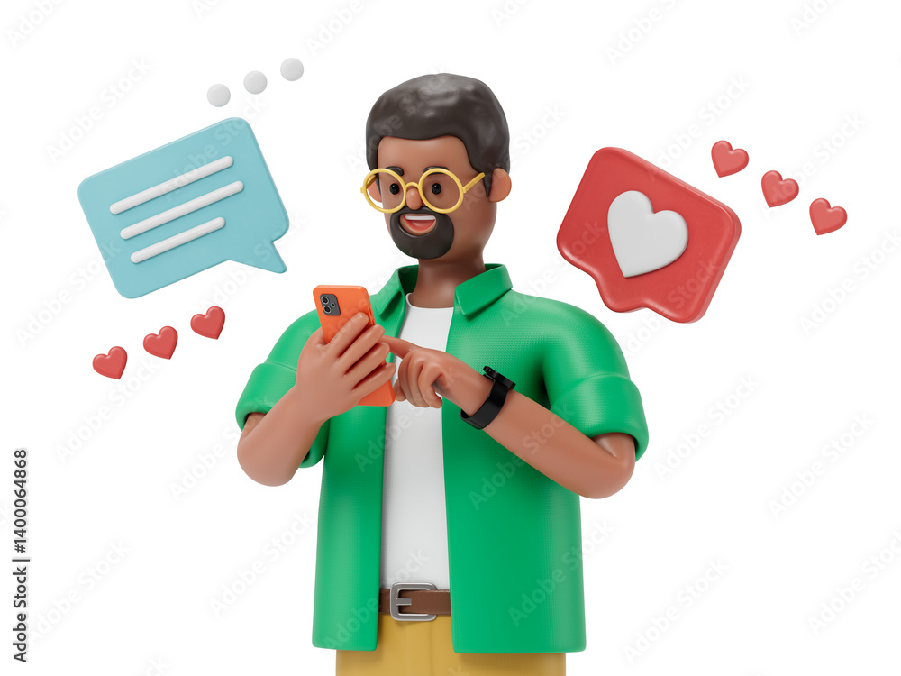 Poster a man interacts with his phone, surrounded by speech and heart bubbles, symbolizing positive digital
