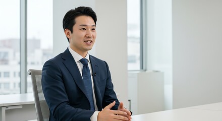 Fototapeta premium Confident Businessman in Modern Office Interview Setting AI Generated