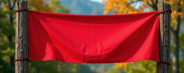 Crimson banner, rectangular shape, affixed to rough-hewn wooden post , element, vertical, old