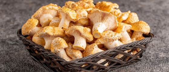 Fototapeta premium Fresh Chanterelle Mushrooms in a Rustic Basket on a Gray Background for Culinary Use and Home Cooking Inspiration