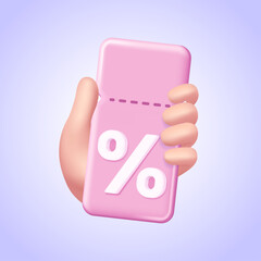 Hand holding a discount coupon or voucher for sale, cashback offer, or Black Friday promotion in 3d realistic style. Shopping special offer with percentage and money. 3d vector illustration.