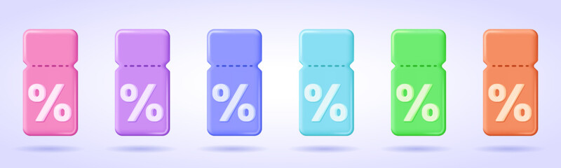 Collection of colorful discount coupons or vouchers with percentage sign for sale, cashback, and promotional offers in 3d vector style. Realistic mockup template design. 3d vector illustration.