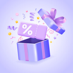Surprise discount coupon flying out of gift box with confetti, cashback voucher for promo, loyalty program or holiday sale in festive pseudo 3d style. 3d vector illustration.