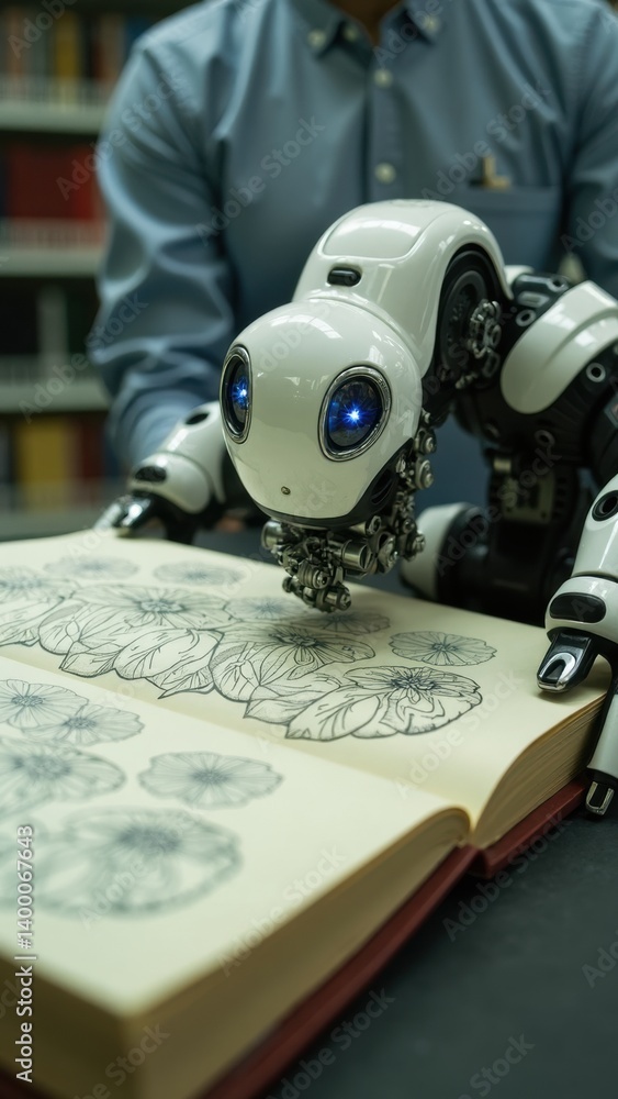 Poster robot is looking at a book with a flower design on it. the robot is white and blue