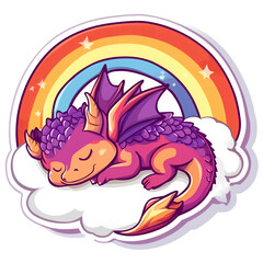 Obraz premium Sleeping purple dragon under rainbow fantasy illustration whimsical digital art dreamy cute creature