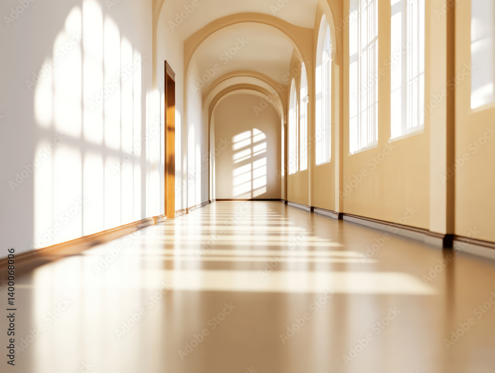 Poster narrow school hallway with arched windows casting shadows on floor, creating warm and . light archit